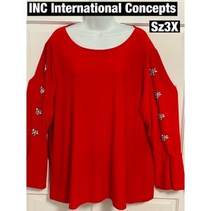 Inc International‎ Concepts Red Tunic with Rhinestone Embellished Sleeves Sz 3X